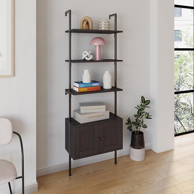 happimess MSH1002A Tulare 72.05" MidCentury Industrial 4-Shelf Wood Wall-Mounted Open Ladder Bookcase with Cabinet and Metal Frame, Black