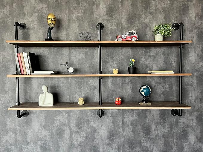 HDDFER Floating Shelves 70 inch Wall Bookshelf Industrial Pipe Shelving Shelves Real Wood Planks Rustic Wall Shelves Hanging Bookshelves Farmhouse Kitchen Bar Shelving