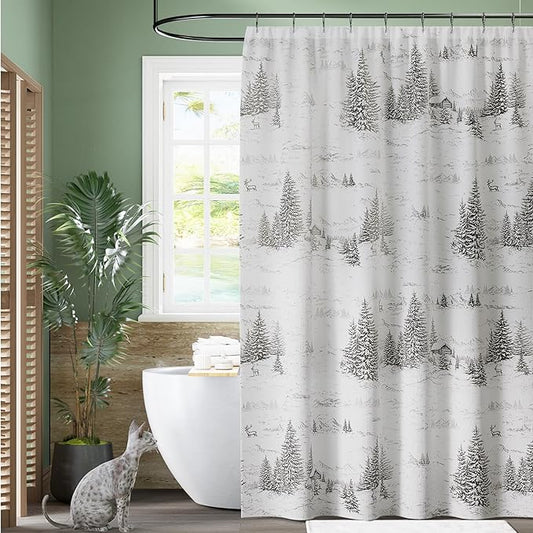 KGORGE Grey Forest Shower Curtain Liner for Bathroom, Linen Textured Semi Sheer Washable Quick Dry Privacy Screen Décor Modern Farmhouse Shower Curtain with 12 Hooks, W 72 x L 72, 1 Panel