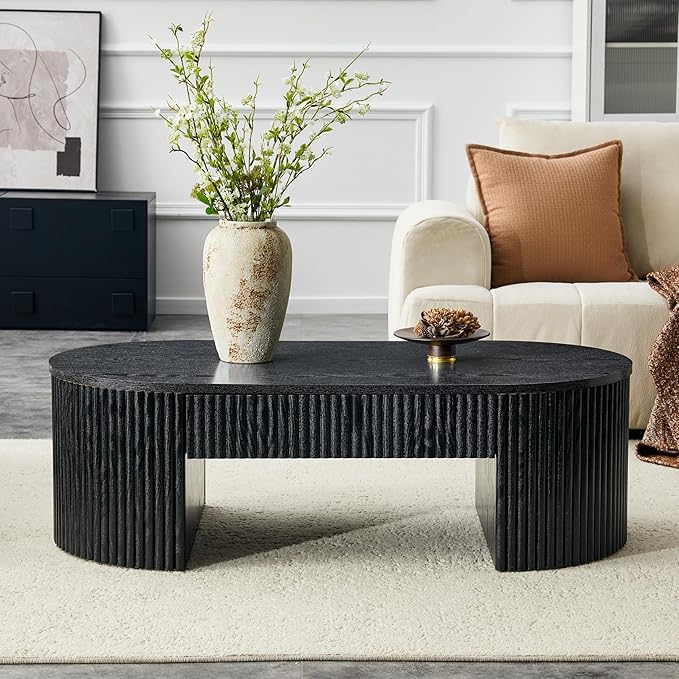 Oval Coffee Table, 47.5" Coffee Table with Storage, Fluted Accent Center Table with Textured Roman Column Patterns, Mid Century Modern Coffee Tables for Living Room, Office, Apartment, Black