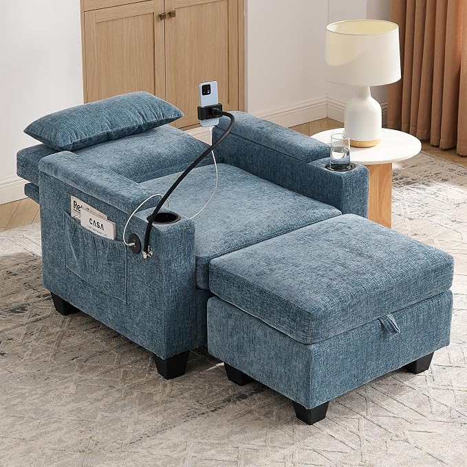 Oversized Chaise Lounge Chair Indoor, Single Convertible Recliner Reading Arm Sofa Chair W/Adjustable Backrest & Charging Port Couch Bed for Living Room, Home Theater & Bedroom, Blue