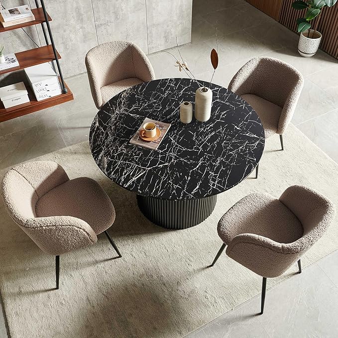 Farmhouse Black Dining Table Set for 4,Rustic Round Kitchen Table Set with Brown Upholstered Sherpa Dining Chairs, Modern Kitchen Table and Chairs Set for Living Room, Dining Hall,Restaurant