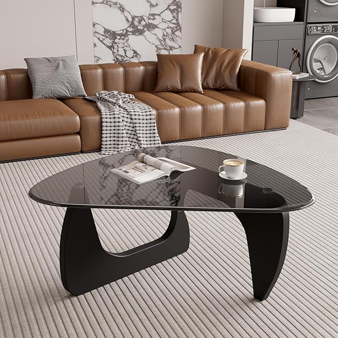 Modern Glass Coffee Table, Triangle Center Table with Tempered Glass Top& Unique Wooden Base, 35.5” Mid Century Tea Tables for Living Room, Apartment, Office,Black & Grey