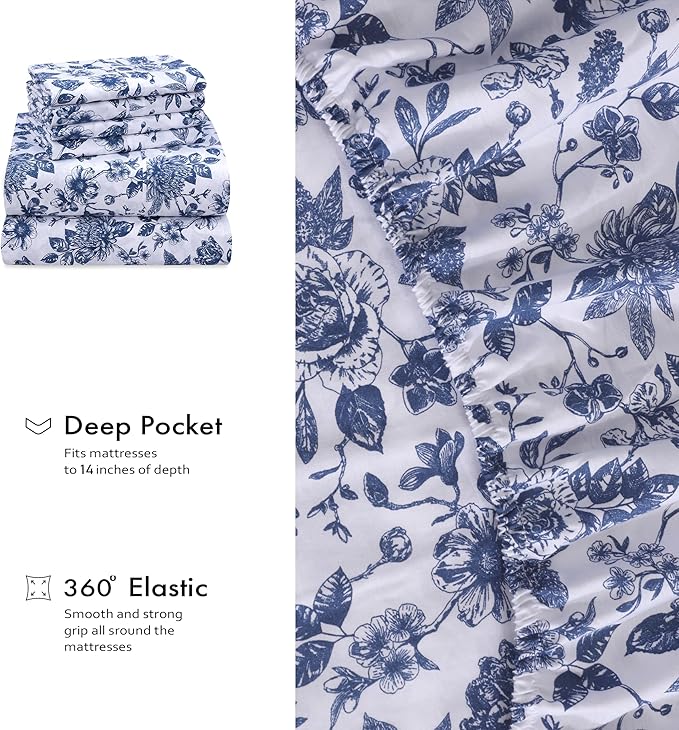 RUVANTI 6 Pcs Cotton Sheets - 100% Natural Cotton Soft, Lightweight & Breathable Crispy Percale Bed Sheets, California King Sheet Sets 14" Deep Pockets, Wild Flower