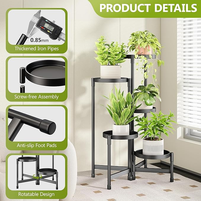 Cawukege 5 Tier Plant Stand Indoor, Tiered Plant Stand Outdoor for Multiple Plants, Corner Plant Shelf for Patio Balcony Porch Garden Living Room House, Black