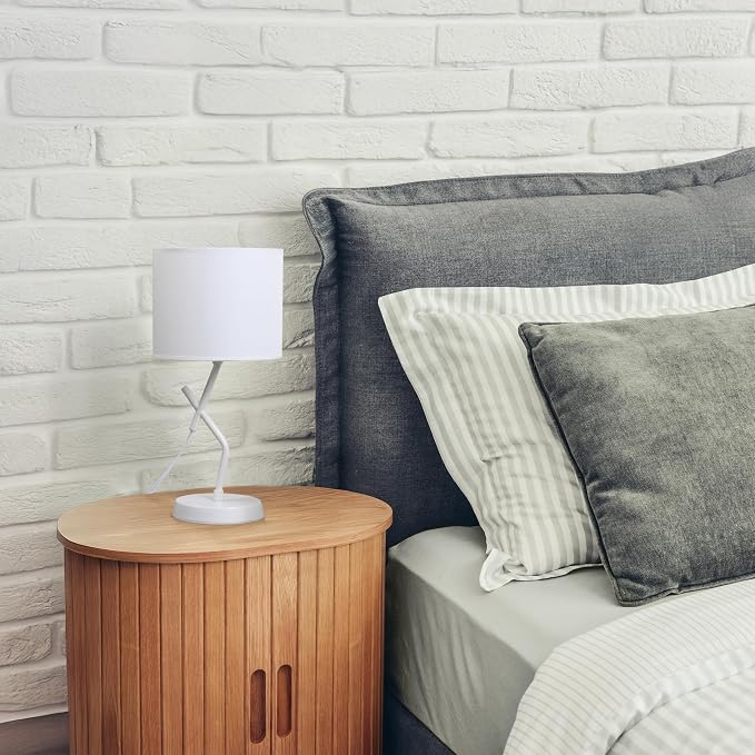 Simple Designs LT1172-WHT 17.13" Metal and Modern Abstract Table Lamp with Drum Fabric Shade, Bedroom, Office, Living Room, Dorm, Side Table, White