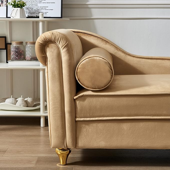 60.6''Velvet Chaise Lounge Indoor, Modern Velvet Lounge Chair with Left Armrest & Lumbar Pillow,Button Tufted Lounge Sofa with Storage for Bedroom, Living Room and Office，Khaki