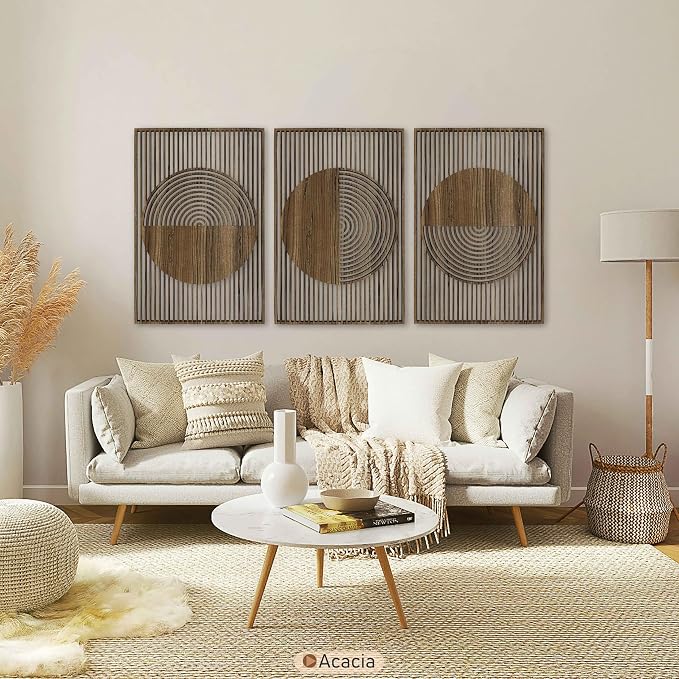 Mid Century Modern Geometric Wood Wall Art Set, Scandinavian Circle Wooden Wall Decor, Oversized Art Deco Wall Hanging, First Home Gift for Living Room and Bedroom