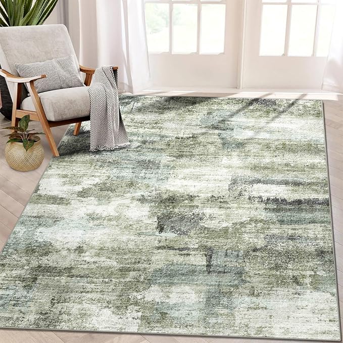6x9 Area Rug, Ultra-Soft Washable Rug for Living Room, Dinner Room, Bedroom, Non-Slip Modern Abstract Rug, Indoor Carpet Large Area Rug, Green