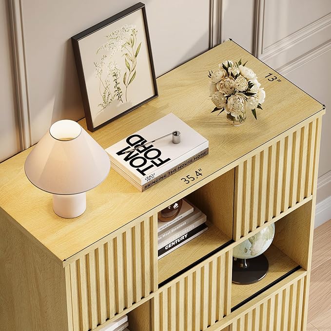Einhomn Cube Storage Organizer with Sliding Doors, Wooden Bookshelf Storage Cabinet, 9 Cube Bookcase Organizer for Living Room Bedroom Office, Natural