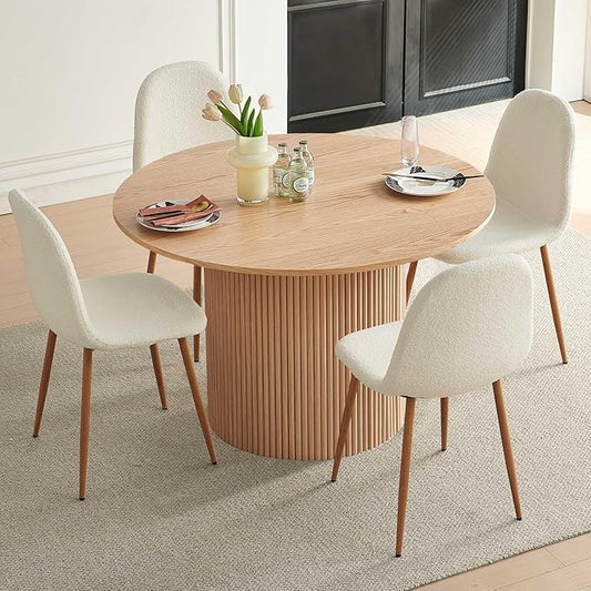 Dining Table Set for 4, Mid Century Modern 47 Inch Wooden Round Dining Table Set, Space Saving (Table + 4 White Chairs)