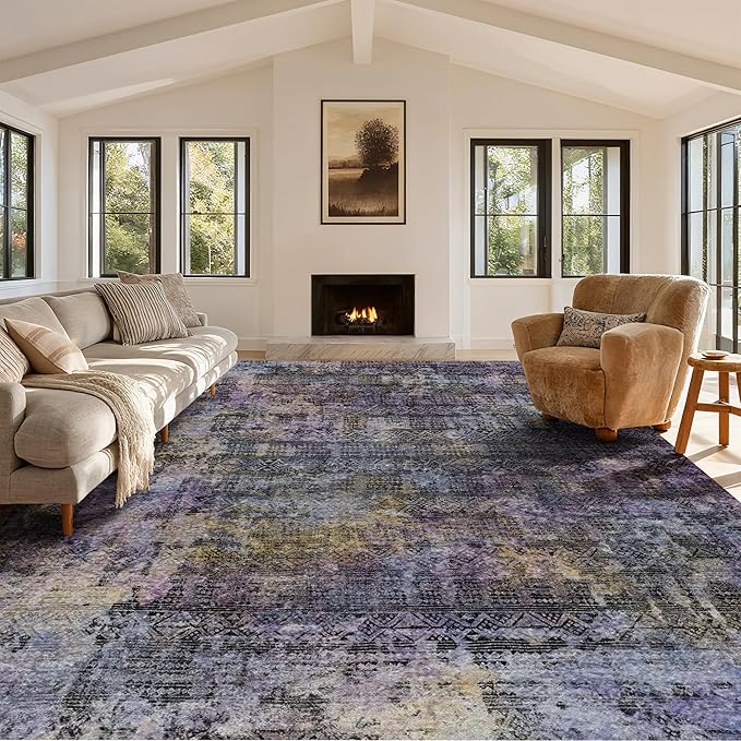 Kokia Abstract Area Rugs 9x12 Bedroom Washable Decor Low Pile Non-Slip Non-Shedding Indoor Black Purple Carpet Foldable Stain Resistant Floor Mat Living Room Dining Room, Violet and Slate Blue