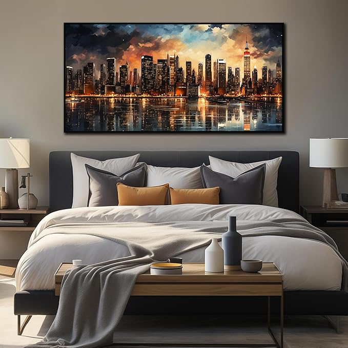 New York Skyline Wall Art for Living Room Modern City Wall Decor for Office Black Framed Wall Art 29 x 58 Inch