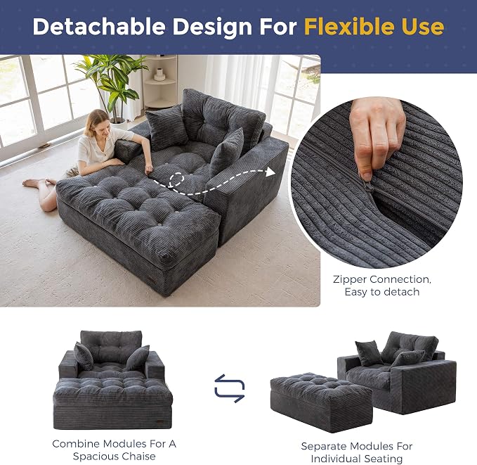 MAXYOYO Oversized Chaise Lounge Sofa, Upholstered Lounge Chair with 3 Pillows, Tufted Boneless Sofa Couch with Ottoman, Deep Seat Chair for Living Room, No Assembly, Dark Grey