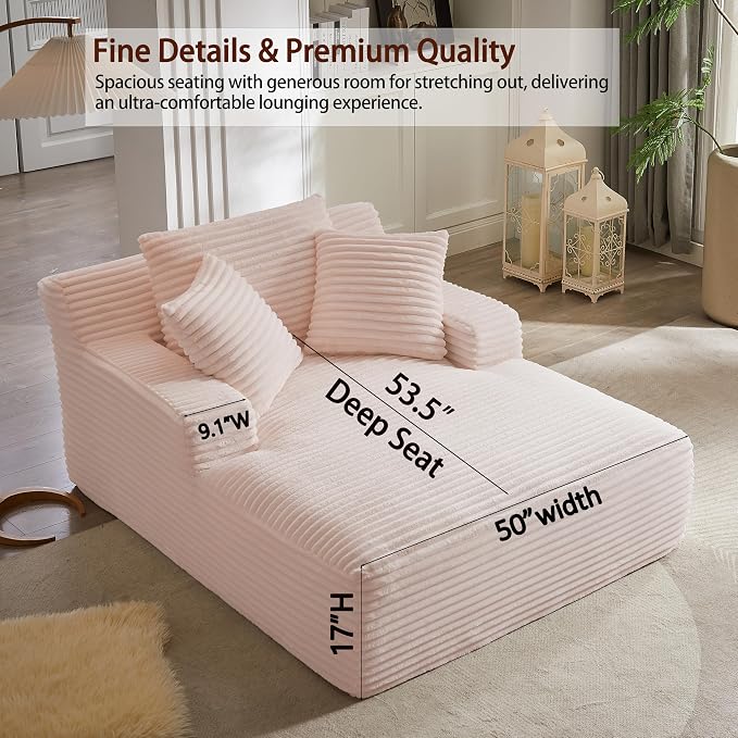 50 Inch Oversized Chaise Lounge Chair, Corduroy Upholstered Sleeper Sofa Bed with Spring Cushion, No Assembly Lazy Boneless Chaise Lounge for Bedroom Office, Pink