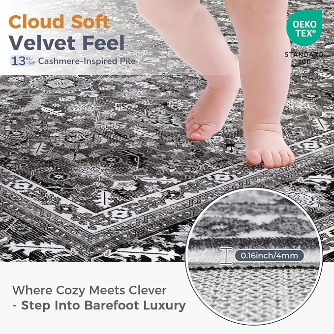 OPPODREAM Vintage Black Area Rugs 9x12, 9 x 12 Retro Washable Rug Non Slip, Low-Pile Faux Wool Carpet, Distressed Floor Mat for Living Room, Bedroom, Office, Dorm, Dinning Room, Big & Large
