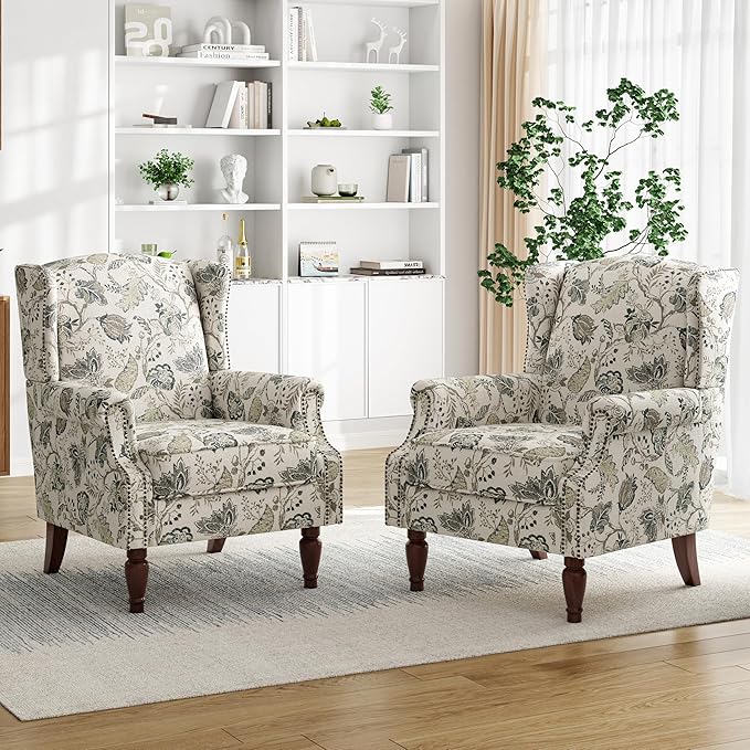 Floral Accent Chair, Retro Modern Farmhouse Wingback Armchair with High Back, Tufted Nailhead Trim & Solid Wood Legs, Upholstered Reading Chair for Living Room, Bedroom, Office (Plants Beige)
