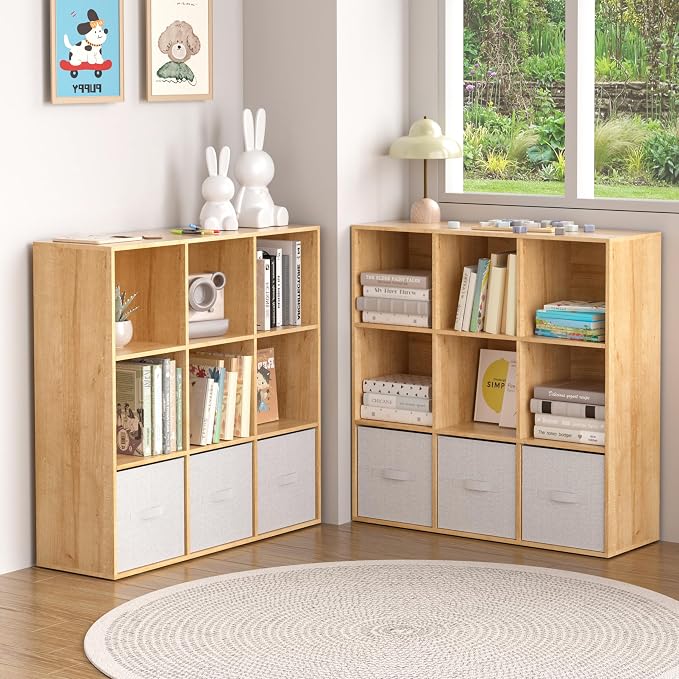 Wooden 9 Cube Storage Organizer with Closed Back Panel,White Cube Shelf Cubby Storage Organizer with Compartments for Living,Bookshelf, Easy to Install (Oak, 9 Cube-11in)