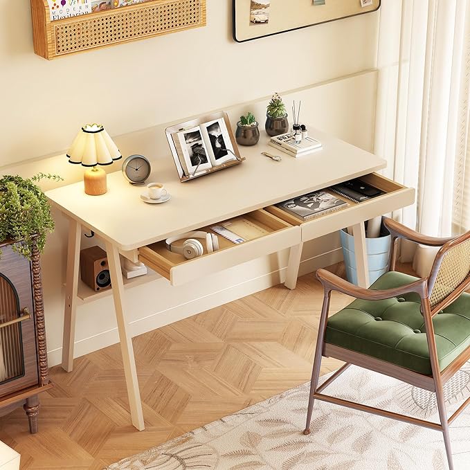 Solid Wood Desk with Drawers - 47.2 Inch Writing Desk with Drawers & Storage Shelf, Simple Modern Study Table, Home Office Computer Desks for Bedroom & Home, White Desks