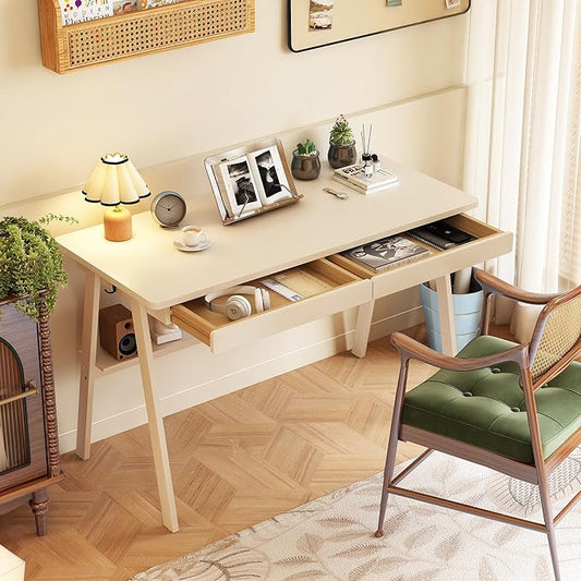 Solid Wood Desk with Drawers - 47.2 Inch Writing Desk with Drawers & Storage Shelf, Simple Modern Study Table, Home Office Computer Desks for Bedroom & Home, White Desks