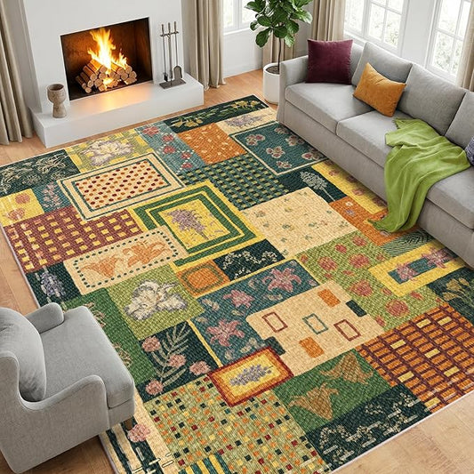 Flowers Patchwork Abstract 9x12 Area Rug, Colorful Soft Faux Wool Geometric Rugs for Living Room, Non Slip Low Pile Washable Indoor Carpet Rug for Bedroom, Entryway, Dining Room, Home Office Decor
