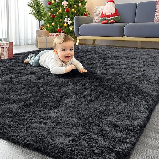 OLANLY 4x8 Area Rugs for Living Room Bedroom, Machine Washable Soft Fluffy Shaggy Bedside Rug, Indoor Floor Carpet for Kids Girls and Boys, Dorms, Nursery Rooms, Home Decor Aesthetic, Black