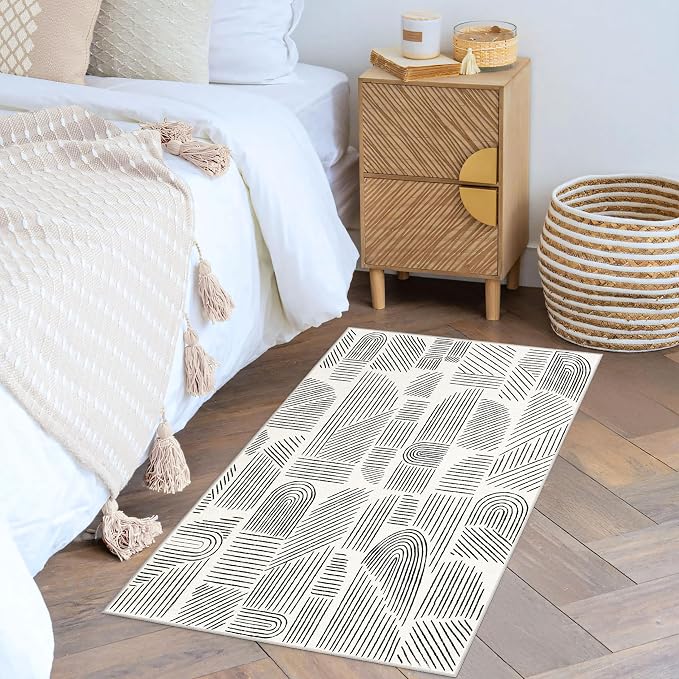 MUJOO 2x3 Washable Rug,Mid Century Modern Abstract Non Slip Low Pile Small Area Rug,White and Black Rug for Entryway Bathroom Kitchen Bedroom