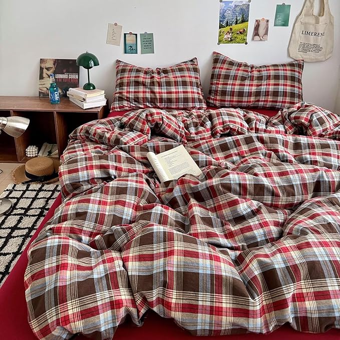 mixinni Vintage Red & Brown Buffalo Plaid Duvet Cover Set Twin XL Size - 3 Piece Washed Cotton Bedding Set with Classic Checkered Pattern, Cozy Farmhouse Duvet Cover with Pillowcases for All Seasons