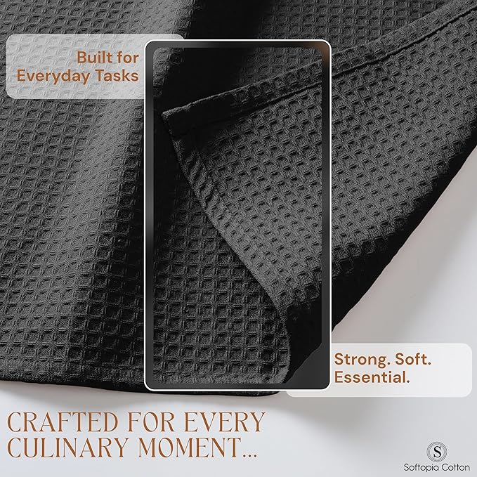 Black Waffle Kitchen Dish Towels, 100% Cotton, Quick Dry, Super Absorbent, Soft, 16x26 Inches - Ideal for Dish Drying, Bar, Hand Wipe, Cleaning, and Everyday Use, 4 Pack