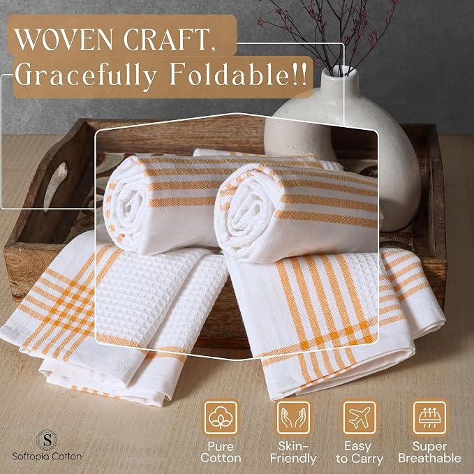 Waffle White & Mustard Yellow Set of 4 Kitchen Towels, 100% Cotton, 16x26 inches, Soft and Durable Dish Towel, Quick Dry Dishcloths, Ideal for Drying Dishes, Cleaning, Wiping
