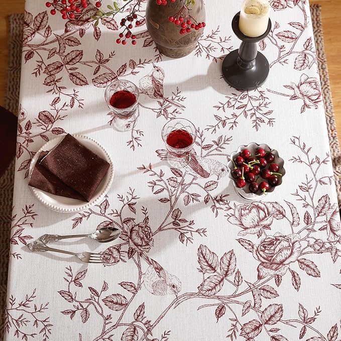 ISAENNE Designer Vintage Linen Extra Long Rectangle Tablecloth,Red Floral Pattern Linen Stain Resistant Table Cloth,Decor Tablecloths for Dining Thanksgiving Kitchen Party,63"*110"-Harmony