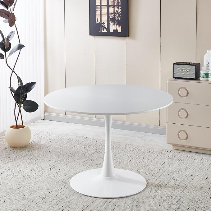 42" White Round Tulip Table for 4-6, Mid Century Modern Pedestal Dining Table with Sturdy Metal Base – Small Space Kitchen, Bistro, Café, Living Room, Office