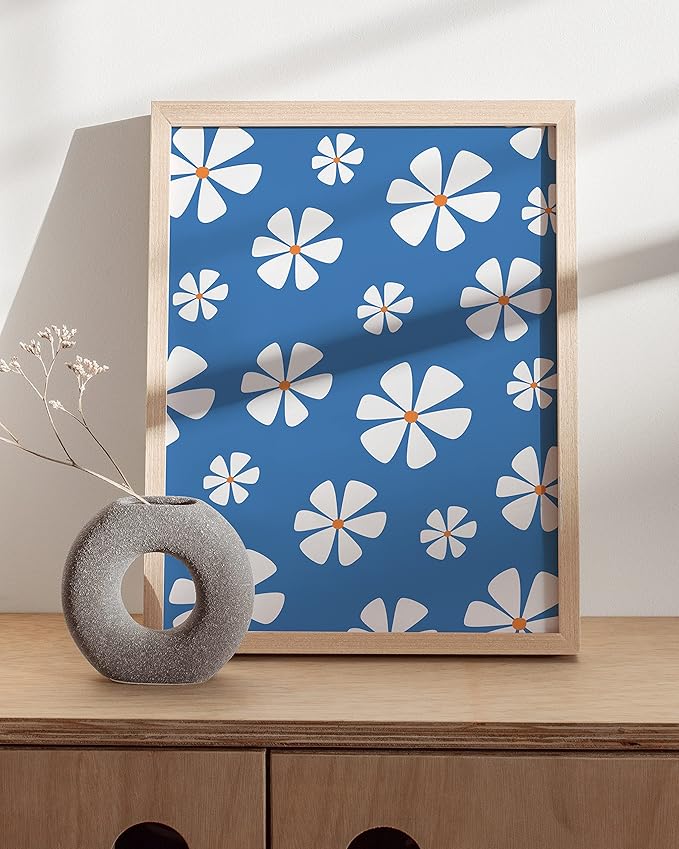 HAUS AND HUES Daisy Wall Art - Blue flower art for living room, framed in beige for a soft, natural look (Beige Frame, 12x16).