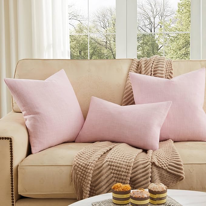 ZeeMart Rustic Cotton Linen Throw Pillow Covers Set of 2, 22x22 Inch Pink, Farmhouse Style Decorative Couch Pillow Cases Cushion Covers for Sofa Bed Living Room Home Decor