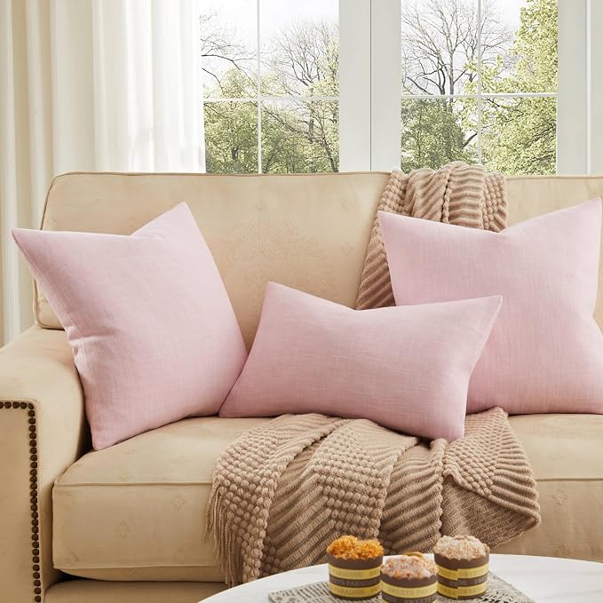 ZeeMart Rustic Cotton Linen Throw Pillow Covers Set of 2, 24x24 Inch Pink, Farmhouse Style Decorative Couch Pillow Cases Cushion Covers for Sofa Bed Living Room Home Decor