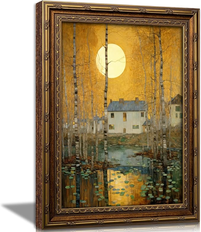 Vintage Gold Framed Minimalist Moon Canvas Wall Art，Retro Celestial Neutral Tone Textured Poster Artwork，Warm Tone Bohemian Wall Decor，for Bedroom Living Room Office，16x24in