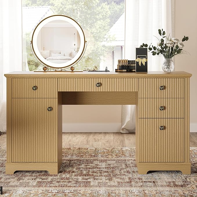 59" Modern Executive Desk with Drawers, Wood Home Office Computer Desk with Charging Station, 5 Drawers & 1 Cabinet, File Drawer, Fluted Computer Writing Desk for Study, Living Room, Bedroom, Oak