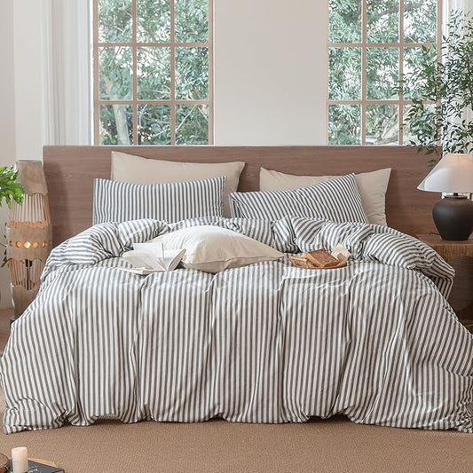 MooMee Striped Duvet Cover Set 100% Washed Cotton Linen Like Textured Breathable Durable Soft Comfy (Dark Grey White Classic Stripes, Super Queen 90"x98")