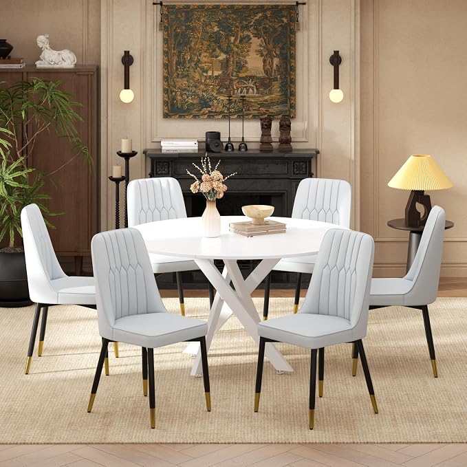 RGZ Mid Century White Round Dining Table Set for 6, 47" Large Wooden Circle Kitchen Table & 6 Light Gray PU Leather Kitchen Chairs, Dinner Table Set for Home, Apartment, Dining Room