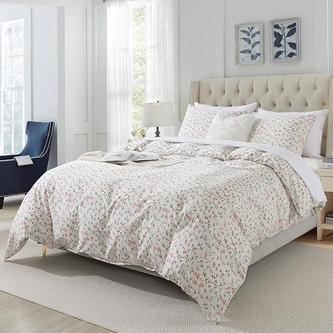 HoneiLife Duvet Cover Queen Size - Cotton Comforter Cover Floral Duvet Cover Sets 3-PC, Soft & Breathable Duvet Cover with Zipper Closure & Corner Ties, Wildflower Comforter Cover Sets, Red Bean