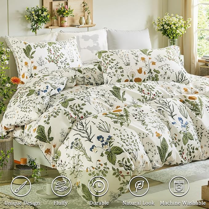 Duvet Cover King Size - 100% Cotton Reversible Floral King Duvet Cover Set with Zipper Closure, 3 Pieces Soft & Breathable Green Bedding Set for All Seasons