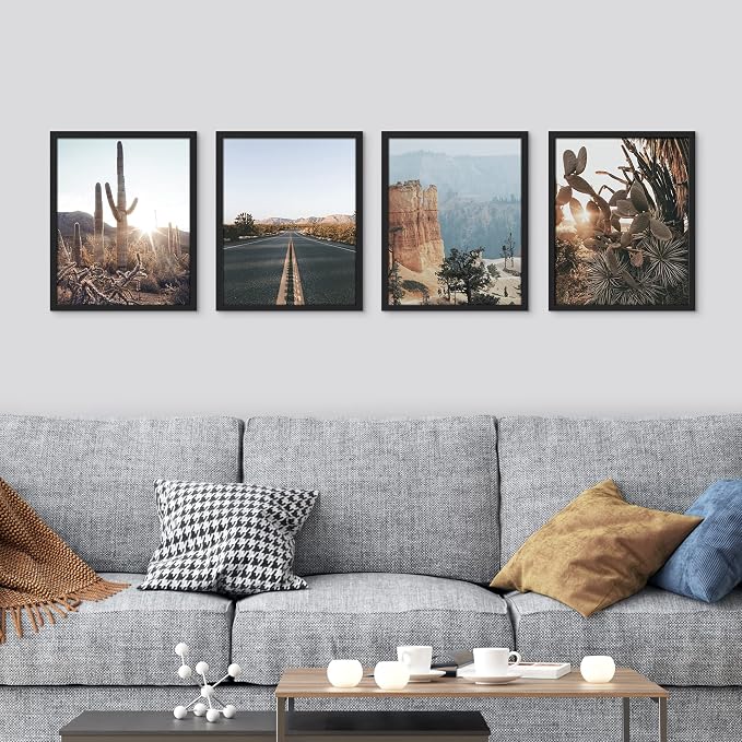 SIGNWIN Framed Cactus Desert Landscape Wall Art, Set of 4 Southwest Texas Arizona Saguaro Wall Decor Prints, Nature Wilderness Wall Décor for Living Room, Bedroom Black - 12"x16" Black