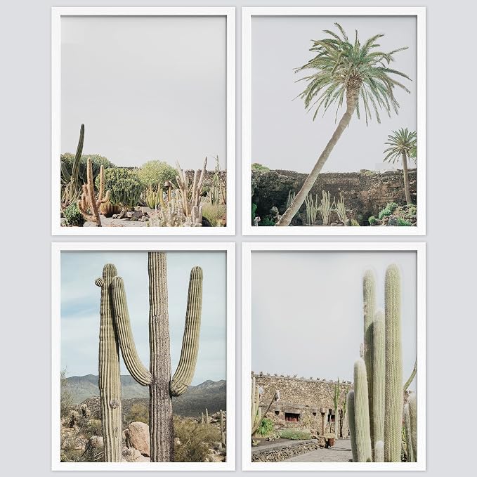 SIGNWIN Framed Tropical Palm Tree Saguaro Cactus Wall Art, Set of 4 Desert Landscape Wall Decor Prints, Nature Wilderness Wall Décor for Living Room, Bedroom - 11"x14"x 4 White