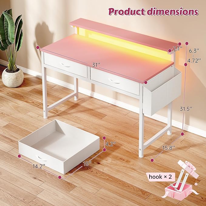 DurayLoly 31Inch Small Computer Desk with LED Lights & 2 Fabric Drawers, Gaming Desk with Side Pocket & Ergonomic Monitor Stand, Small Space Study Writing Table with Anti-Tip Design,Pink