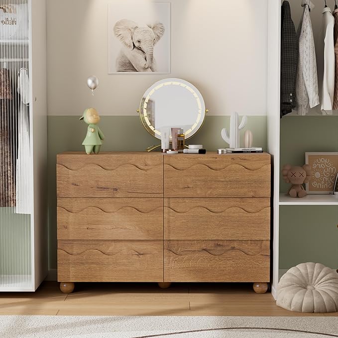 Scalloped Dresser for Bedroom with 6 Drawers, 47" Wide Modern Chest of Drawers with Hidden Handle, Fluted Wood Closet Clothes Storage Organizer, Wooden Dresser for Living Room, Hallway, Natural Oak