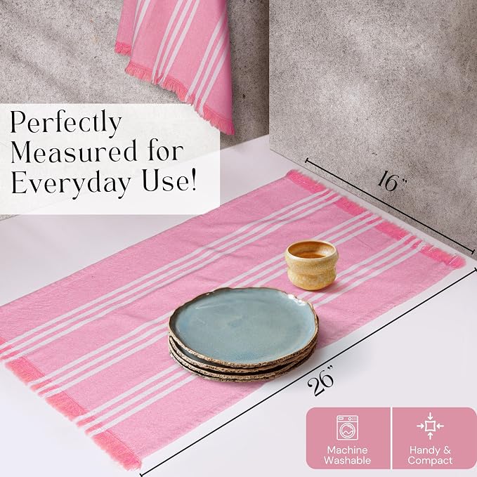 Prewashed Stripe Tea Towels 4 Pack, 16x26 Inches, Dish Cloths for Cooking and Cleaning, Quick Dry Kitchen Rags, Reusable Hand Towels for Drying Dishes and Surfaces - Rose Pink