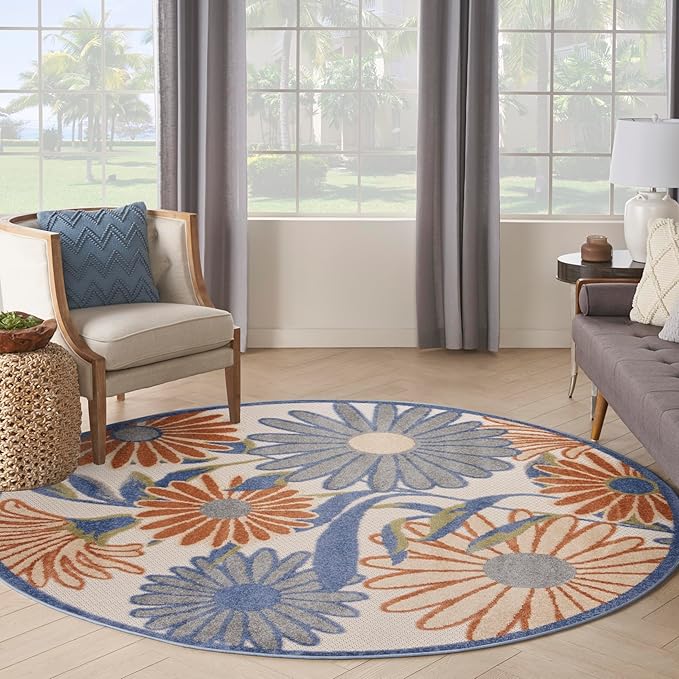 Nourison Home Aloha Beige Multicolor 5'3" x Round Area Rug - Easy Clean, Non Shedding, Bed Room, Living Room, Dining Room, Kitchen (5' x Round)