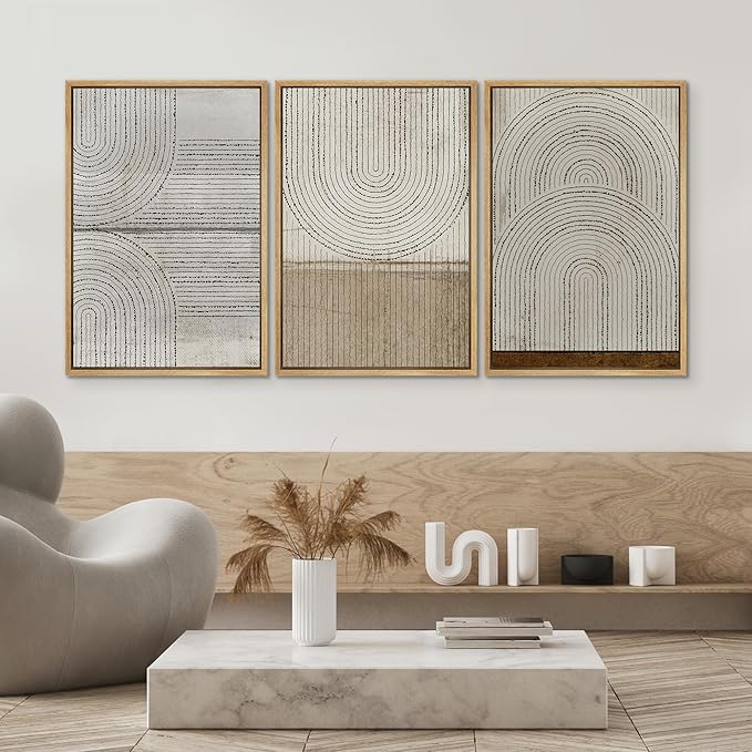 SIGNWIN Framed Canvas Print Wall Art Set Grunge Circle Polygon Collage Abstract Geometric Cozy Neutral Minimalism Modern Art Decorative Boho for Living Room, Bedroom, Office - 24"x36"x3 Natural