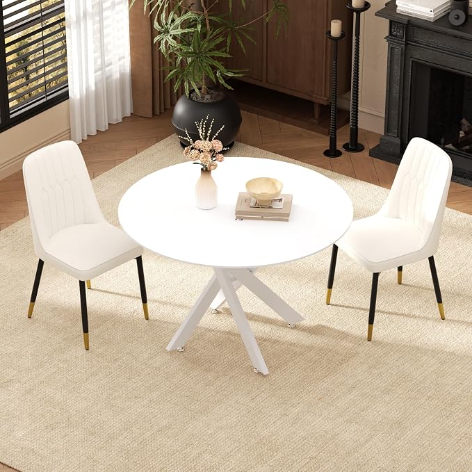 RGZ Mid Century White Round Dining Table Set for 2, 36" Small Wooden Circle Kitchen Table & 2 White PU Leather Kitchen Chairs, Dinner Table Set for Home, Apartment, Dining Room