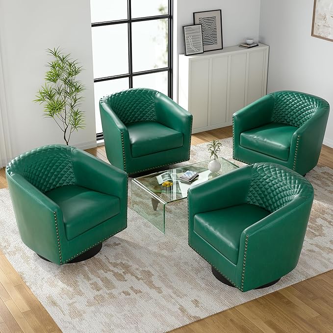 UIXE Swivel Accent Chairs Set of 4, PU Leather Barrel Club Chair for Living Room, Upholstered Round Armchair Comfy Single Sofa Bedroom Reading Seat - Green